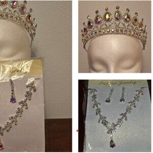 Aurora borealis crown tiara, necklace. and earrings set